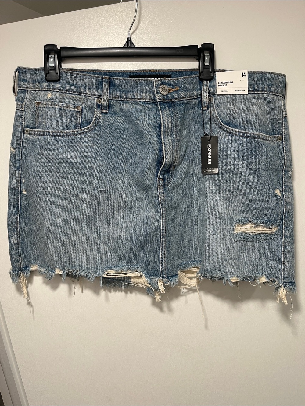 Express Light Blue Distressed Denim Mini Skirt